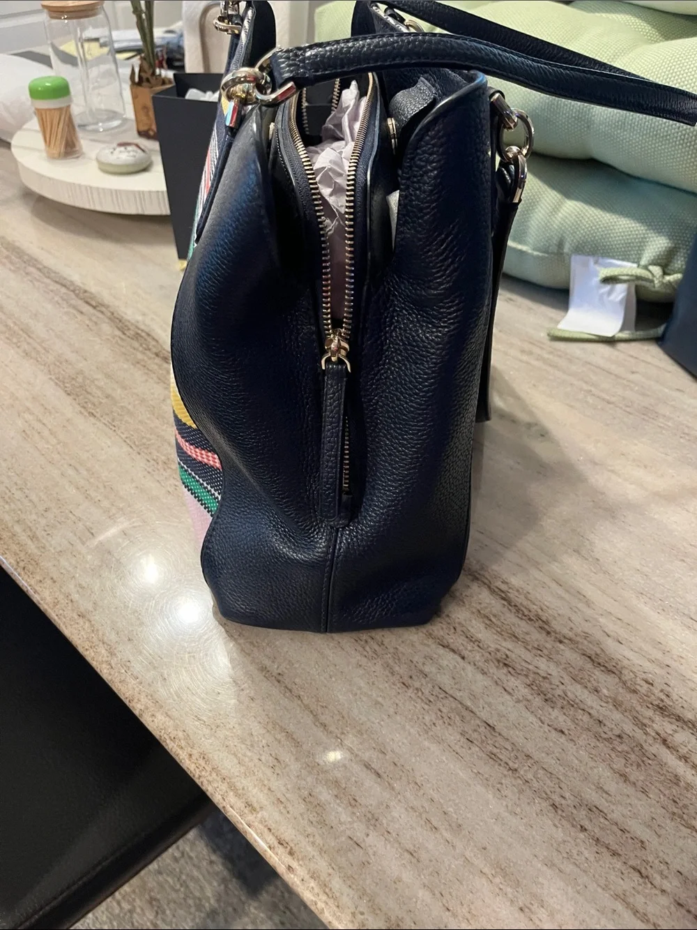 kate spade Striped Canvas Tote in Navy, Yellow, Pink & Green & wallet on yellow